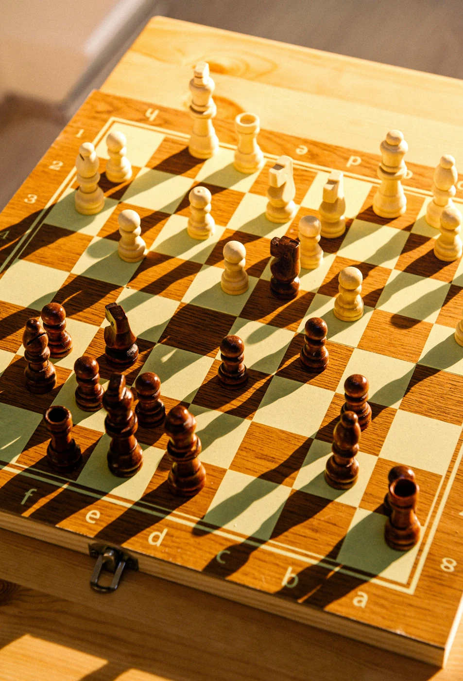 Wooden chess pieces on a sunlit chessboard